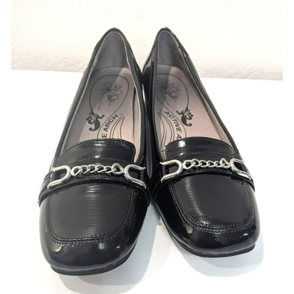 Black Patent Block Heel Loafer Silver Chain Y2K LifeStride Women 10M Soft System - Picture 3 of 7